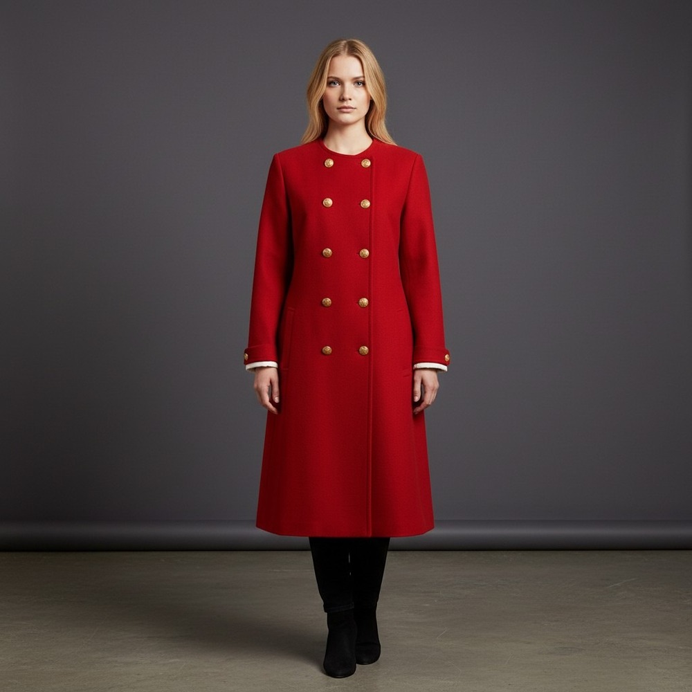 Albert Nipon Vintage Red 100% Wool‎ Double Breasted Gold Button Coat Dress Sz 12
